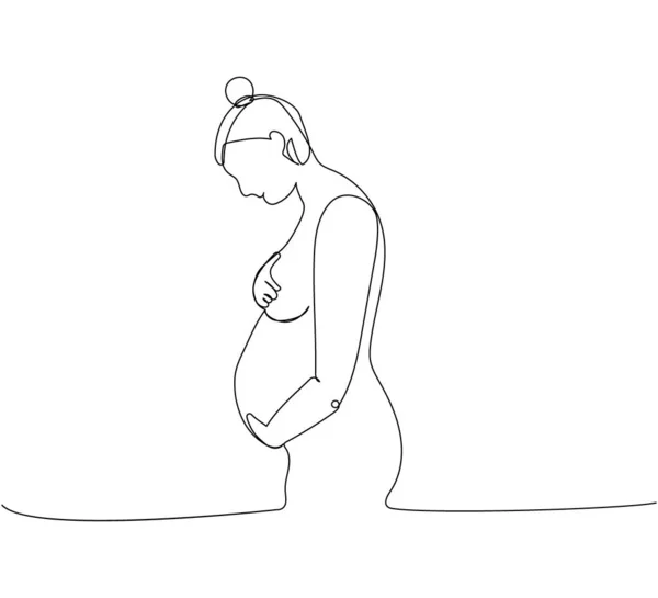 Gravid Kvinna Som Håller Sin Mage Linje Konst Kontinuerlig Ritning — Stock vektor