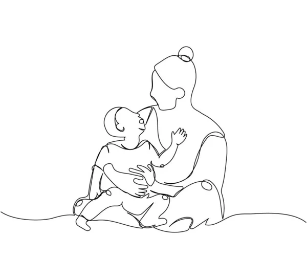 母親は子供を腕に抱え 一本の線画で遊ぶ 子供時代 子供とのゲームの連続線画 手描きベクトルイラスト — ストックベクタ