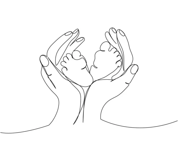 Máminy Ruce Drží Nohy Novorozeného Jednořádkového Umění Nepřetržitá Čára Kreslení — Stockový vektor