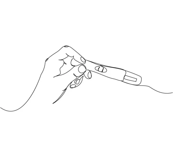 Mulher Segurando Teste Gravidez Mão Esquerda Uma Linha Arte Desenho — Vetor de Stock