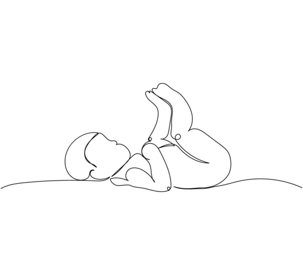 新生儿躺在床上 挥动着它的腿 连续画儿童 新生儿 新生命 未来的线条 手绘矢量图解 — 图库矢量图片