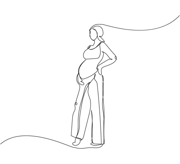 Беременная Женщина Полный Рост Одна Линия Искусства Непрерывное Проведение Линии — стоковый вектор