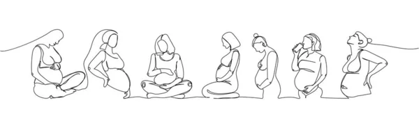 Беременные Женщины Разных Позициях Одной Линии Непрерывная Линия Рисования Беременности — стоковый вектор