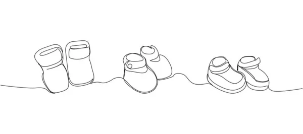 子供のスリッパ ブーティー1行の芸術のセット ドレス ワードローブ ドレスアップ きちんとした 赤ちゃん 編み物の靴の連続線画手描きベクトルイラスト — ストックベクタ