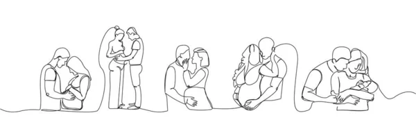 有丈夫 婴儿的怀孕妇女设置一条线艺术 分娩前准备 预产期的连续画线 手绘矢量图解 — 图库矢量图片