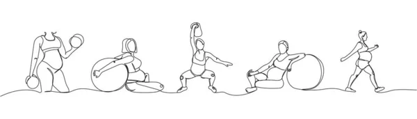 出生前のスポーツをする妊婦のセットフィットネス1行の芸術 スポーツ フィットネス 強度トレーニングの連続線画 手描きベクトルイラスト — ストックベクタ