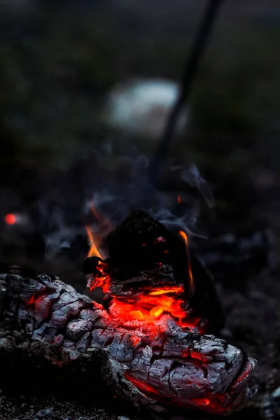 Smoldering Logs Heat Fading Fire Ashes Autumn Rural Landscape Gloomy — Stock Photo, Image