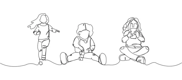 Les Enfants Jouent Courent Amusent Maternelle Fixe Art Ligne Dessin — Image vectorielle