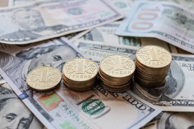 Dolar banknotları masaya serildi. Dört madeni para, mali kriz, para, finans, tasarruf, maaş, banka, Ukrayna kopekleri, Ukrayna parası, Hryvnia. Fotoğraf makro fotoğraf.