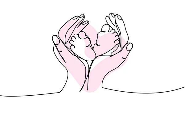 Die Hände Der Mutter Halten Die Beine Eines Neugeborenen Einzeiligen — Stockvektor