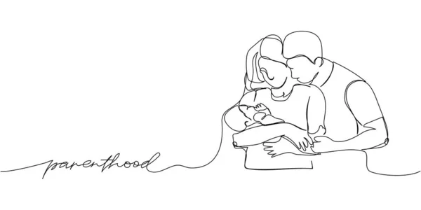 碑文の親と幸せな家族 妻と子供の1行の芸術 新生児 夫婦の連続線画 手描きベクトルイラスト — ストックベクタ