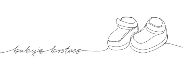 子供スリッパ 碑文とブーティー1行の芸術 ドレス ワードローブ ドレスアップ 赤ちゃん 編み物の靴の連続線画 手描きベクトルイラスト — ストックベクタ