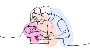 Mutlu aile, karı-koca ve çocuk. Renkli bir sanat eseri. Yeni doğan, annelik, aşk, karşılıklı anlayış, evli çiftlerin kesintisiz çizimleri. El çizimi vektör illüstrasyonu