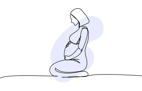 Těhotná Žena Sedí Hladí Břicho Jednou Linií Umění Barevnými Prvky — Stockový vektor