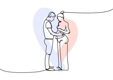 Full length couple in love, spouses, pregnant woman one line art with colorful elements. Continuous line drawing of pregnancy, motherhood, preparation for childbirth. Hand drawn vector illustration