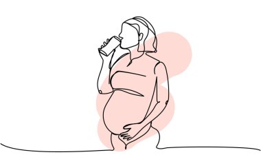 Pregnant woman eating healthy one line art with colorful elements. Continuous line drawing of pregnancy, preparation childbirth, water balance, vitamins, drink water. Hand drawn vector illustration