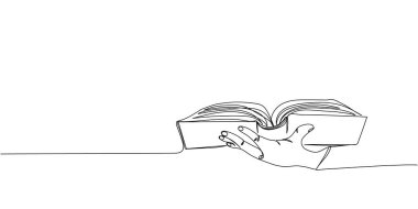 Open book in left hand one line art. Continuous line drawing of book, library, education, school, study, literature, paper, textbook, knowledge, read, learn, reading Hand drawn vector illustration