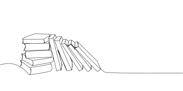 Books are on the shelf and in a stack one line art. Continuous line drawing of book, library, education, school, literature, paper, textbook, knowledge, read, reading. Hand drawn vector illustration