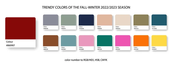Trendy colors of the fall winter season in 2023. Trend color guide collection in RGB, CMYK. Bright color set for fashion, home interior, design. Vector illustration swatches.