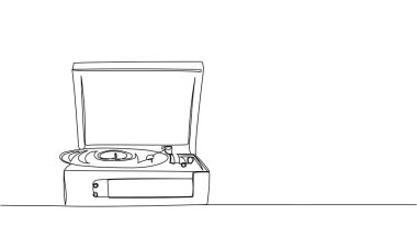 Vinil Plak Oynatıcı Turntable Bir Satır Sanatı. Vinil, plak, melodi, müzik, vintage, retro, oyuncu, disk, antika, gramofon, disko, ses el çizimi çizimi