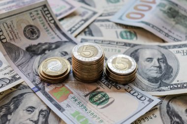Dolar banknotları masaya serildi. Üç farklı madeni para, mali kriz, para, finans, tasarruf, banka, Ukrayna parası, Hryvnia, eurocents, Polonya zloti. Fotoğraf, makro fotoğraf.