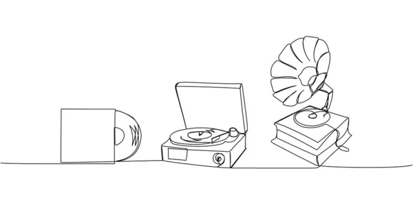 Plattenspieler Mit Grammophon Und Vinyl Audio Platte Setzen Eine Zeilenkunst — Stockvektor