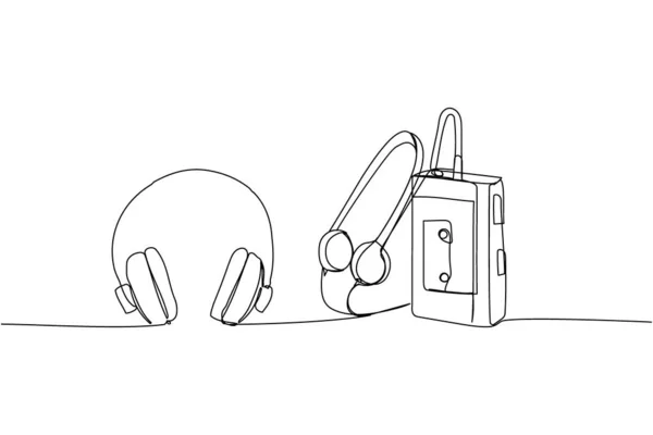 Tragbarer Kassettenspieler Kassettenrekorder Mit Kopfhörer Setzen Eine Zeilenkunst Durchgehende Linienzeichnung — Stockvektor