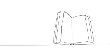 Büyük, açık bir kitap, tek satırlık albüm kapağı. Kitap, kütüphane, eğitim, okul, çalışma, edebiyat, kağıt, bilgi, okuma, öğrenme, el çizimi vektör ilüstrasyonunu okuma