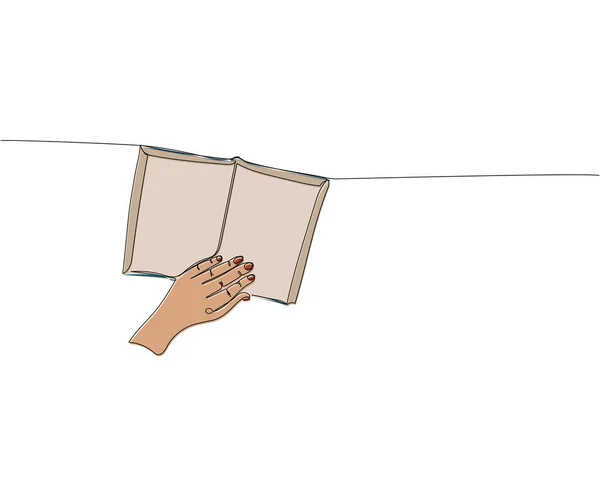 1行のカラーアートの本の左側のページをめくる 図書館 教科書 ページ 読書の連続ラインカラー図面 手描きベクトルイラスト — ストックベクタ