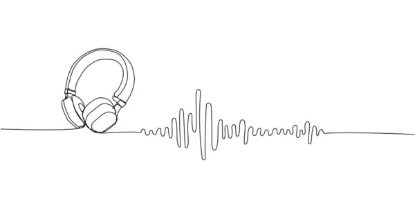Musikhören Ist Eine Zeilenkunst Kontinuierliche Linienzeichnung Von Musik Kopfhörer Musikwellen — Stockvektor