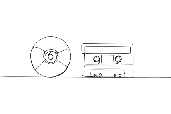 Audio Cassette Tape Disk Compact Disc Set One Line Art — Stockvector