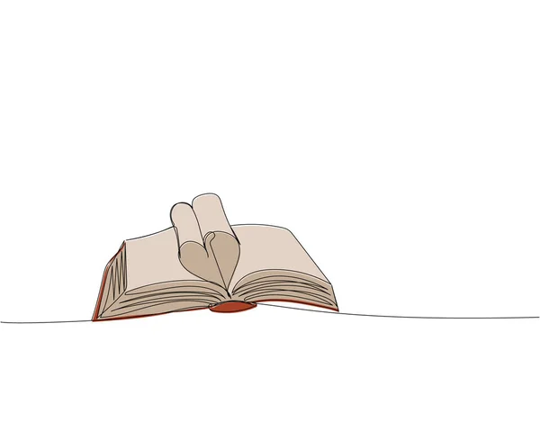 大きな本 ハート型のページを開くと 愛の物語1行の色の芸術 図書館 ページの連続線画手描きベクトルイラスト — ストックベクタ