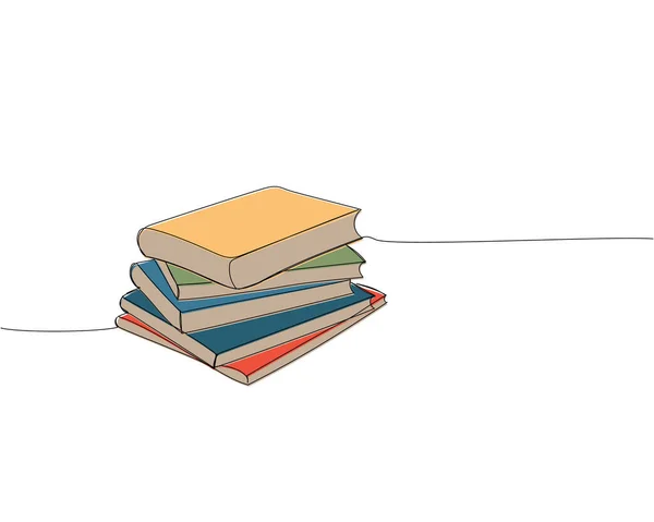Montón Libros Libros Texto Revistas Científicas Una Línea Arte Color — Vector de stock