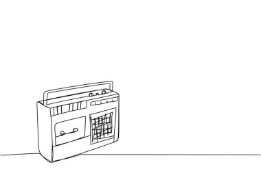 Taşınabilir radyo çalar, bir satırlık kayıt cihazı. Alıcı, radyo, yayın, dinleme, anten, istasyon, fm, ayarlayıcı, ses, retro, kayıt 90 'ların el çizimleri