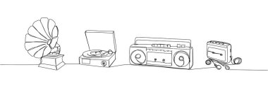 Plak çalar seti, Turntable, Gramofon, teyp bir satır sanat. Vinil, kayıt, melodi, stüdyo, dj, fonograf, antika, disko, ses çizimi, ses çizimi çizimi