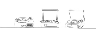 Vinil Plak Oynatıcı Turntable bir satır sanatı ayarladı. Vinil, kayıt, melodi, stüdyo, elektronik, müzik, vintage, retro, disk, groove, dj, fonograf çizim el çizimi