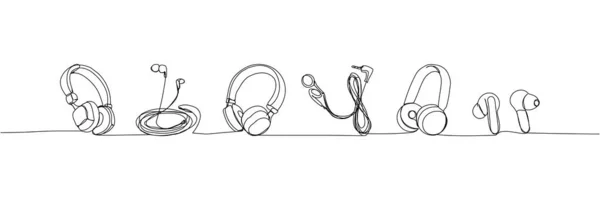ヘッドフォン イヤホンは1つのラインアートを設定します ヘッドフォン ヘッドセット ポータブル イヤフォン サウンド オーディオ リスニングラジオの連続線画手描きベクトルイラスト — ストックベクタ
