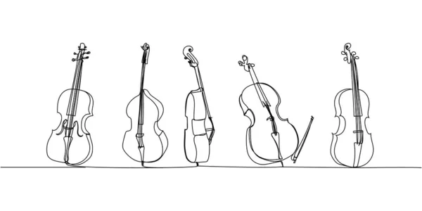 バイオリン チェロ ベースのバイオルが1本のラインアートをセット メロディー ヴァイオリン ヴィンテージ レトロ 交響曲 交響曲 音楽弦の連続線画手描きベクトルイラスト — ストックベクタ