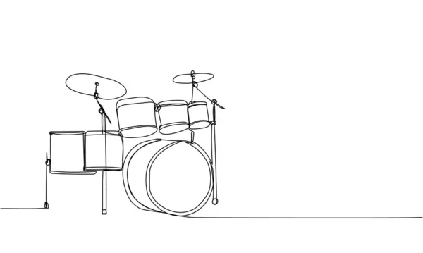 Drum Kit Jeden Řádek Art Kontinuální Čára Kresba Hry Buben — Stockový vektor