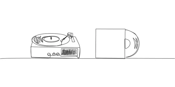 Vinyl Records Player Turntable与Vinyl音频记录集一行艺术 连续线条的旋律 留声机 迪斯科 音频手绘矢量图 — 图库矢量图片
