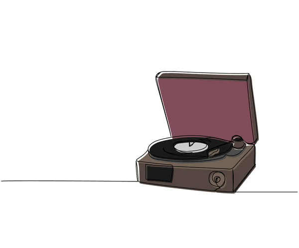 Vinyl唱片播放器可旋转一行色彩艺术 工作室 留声机 音频的连续线条绘图 — 图库矢量图片