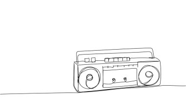 Plak çalar, kayıt cihazı, bir satır sanat. Teyp, retro, kaset, klasik, müzik, radyo, ses, çalar, stereo, ses, boombox, 80 disko 90 'ların el çizimi vektör çizimi
