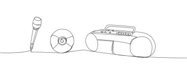 Karaoke, ses kaydı bir satır sanatı. Müzikal, CD, müzik dalgaları, kayıt cihazı, kayıt cihazı, karaoke, ses, ses, retro, radyo yayını.