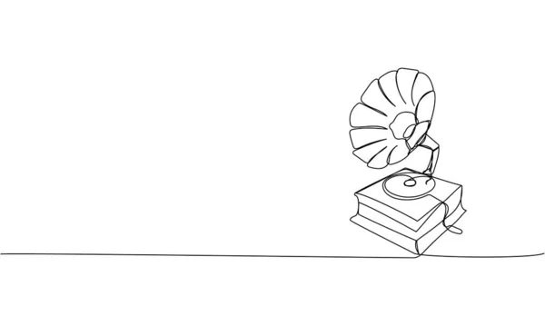 グラモフォン1ラインアート ボリューム レコード レトロ ヴィンテージ ビニール 蓄音機 ターンテーブル ラジオアンティークサウンドの連続線画手描きベクトルイラスト — ストックベクタ