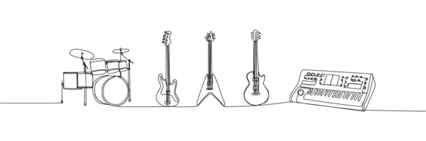 Instrumente Der Rockband Setzen Eine Zeilenkunst Durchgehende Linienzeichnung Von Klavier — Stockvektor