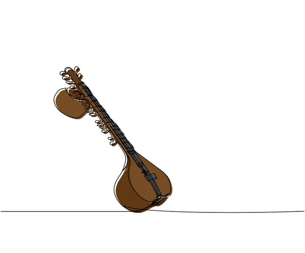 シタール1ラインカラーアート インド ヒンズスタニのクラシック音楽 ベース アコースティック ギター 伝統の連続線画 手描きベクトルイラスト — ストックベクタ