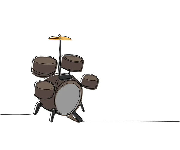 ドラムキット1ラインカラーアート ドラム ドラムスティック キット スティック 演奏家 ヴィンテージ ロック バンドパーカッションサウンドベースの連続線画手描きベクトルイラスト — ストックベクタ