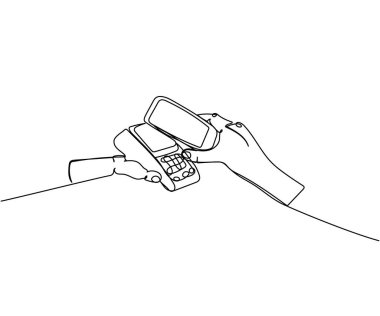 NFC Mobil Ödeme, ödeme terminali, Kredi Kartı Makinesi bir satır sanat. Banka, para, finans, finans, finans, tasarruf, ekonomi, zenginlik, kredi çizimi.