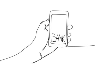 Çevrimiçi bankacılık, elinde akıllı telefon, bir satırlık sanat. Banka, para, finans, finans, ödeme, veri, tasarruf, ekonomi, zenginlik, kredi çizimi