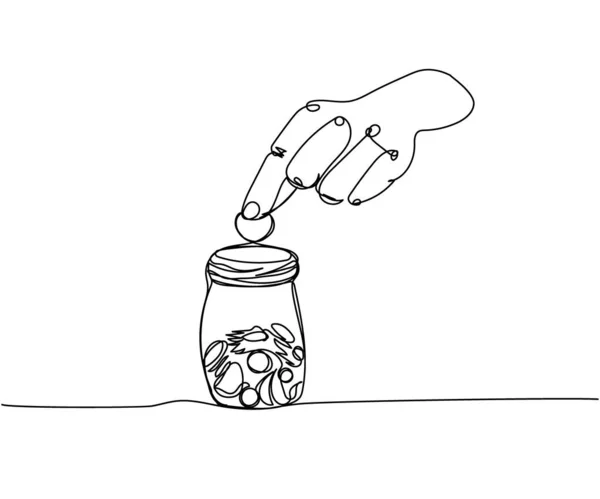 ガラス瓶のコイン 瓶の中にコインを積み上げ お金の貯金箱 チップ1行の芸術 富の連続線画手描きベクトルイラスト — ストックベクタ